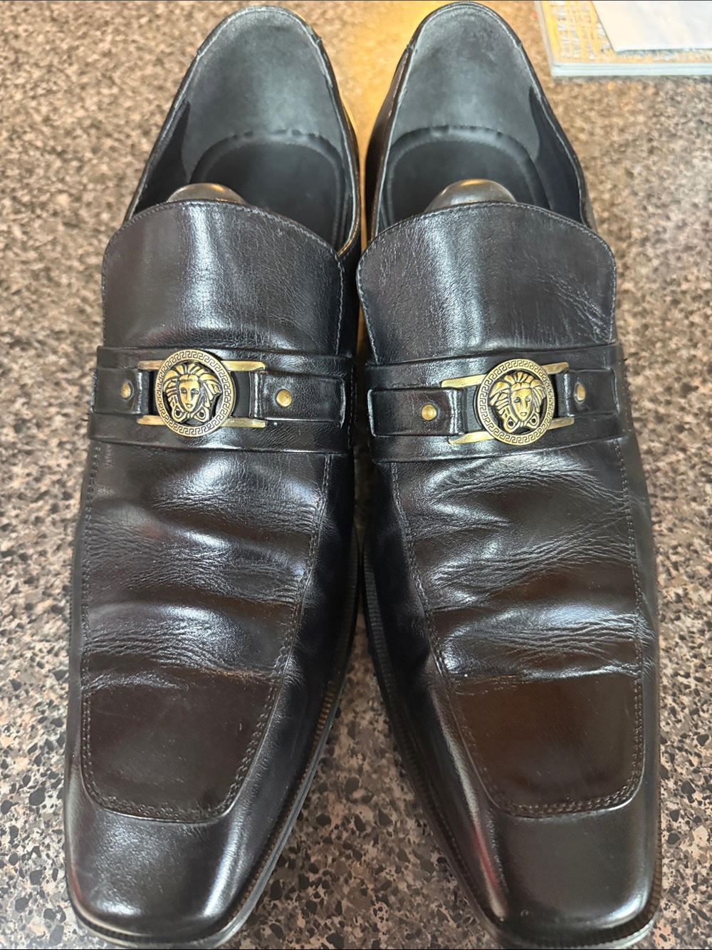 Versace Black Leather Men's Slip-On Loafers with Gold Medallion